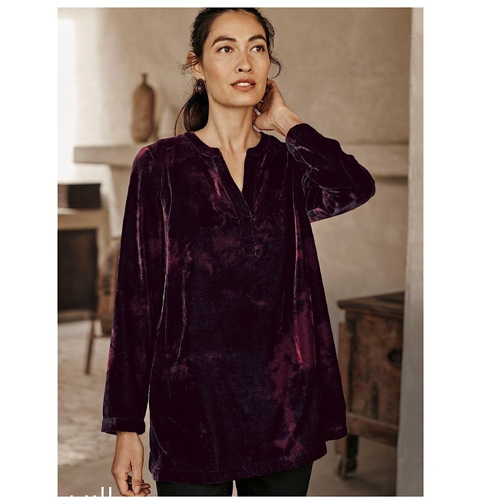 Pure Jill Velvet Split Neck Tunic Top Womens L Burgundy Long Sleeve